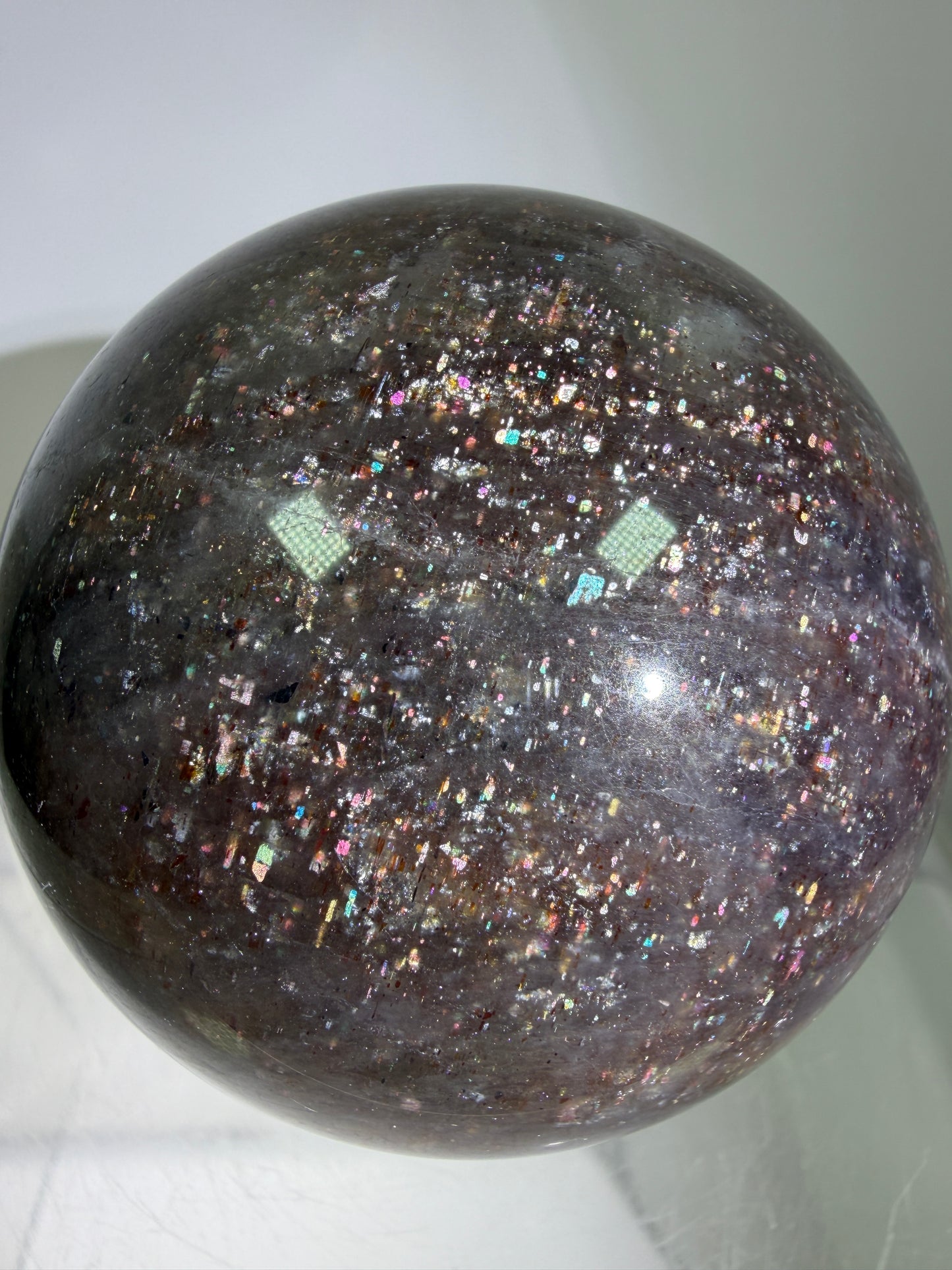 Bloodshot Iolite Sphere. 64mm. Stunning Galaxy Iolite Sunstone Display Sphere. Amazing And Colorful Flash!