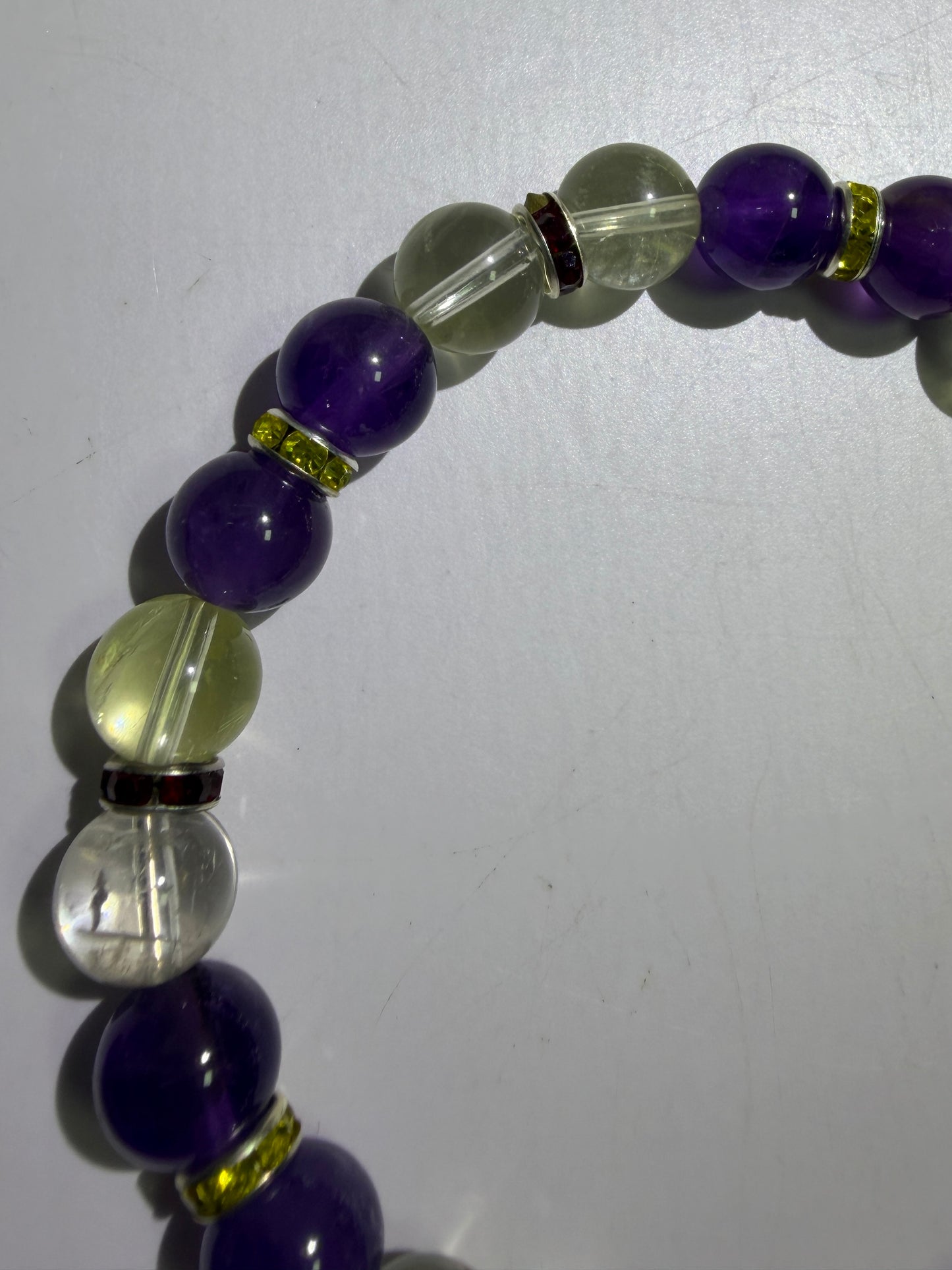 Amethyst And Citrine Crystal Bead Bracelet. 8mm. High Quality Bracelet With Amazing Spacers And Moon Charm.