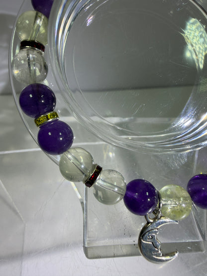 Amethyst And Citrine Crystal Bead Bracelet. 8mm. High Quality Bracelet With Amazing Spacers And Moon Charm.