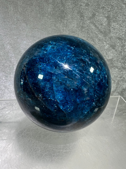 Blue Apatite Crystal Sphere. 66mm. Gorgeous Bright Blue With Lots Of Iridescent Flash. High Quality Display Sphere