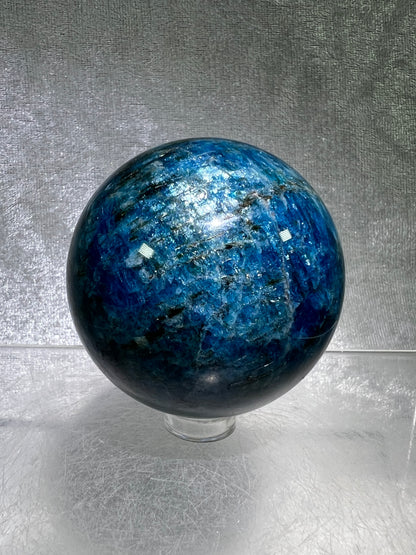 Blue Apatite Crystal Sphere. 58mm. Stunning Deep Blue With Lots Of Iridescent Flash. High Quality Display Sphere