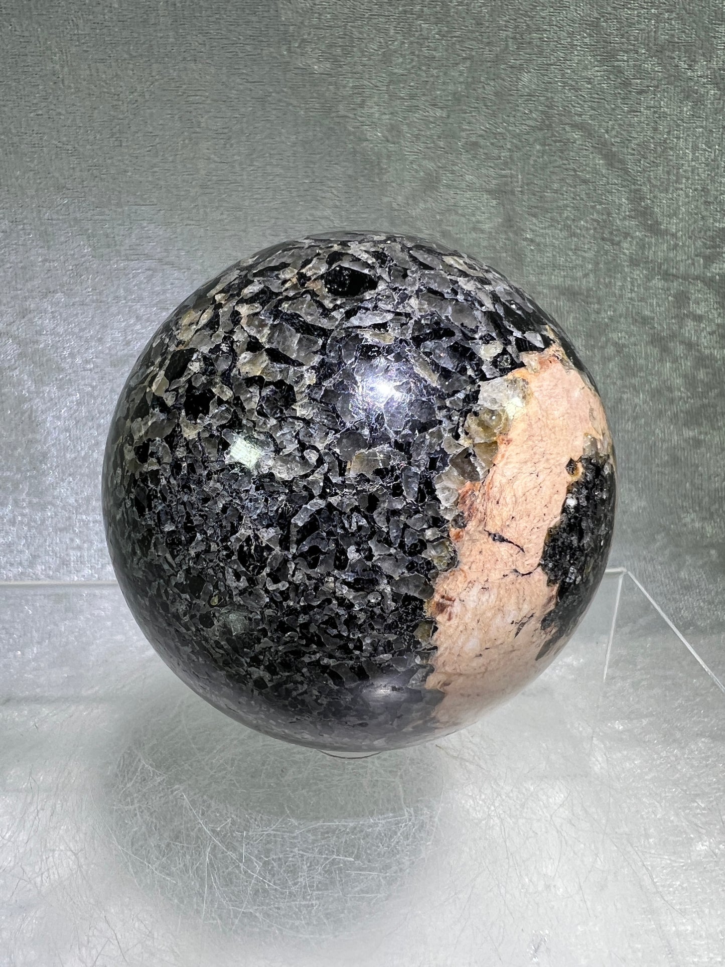 Black Tourmaline And Calcite Sphere. 71mm. Beautiful Display Sphere With Amazing Colors And Patterns.