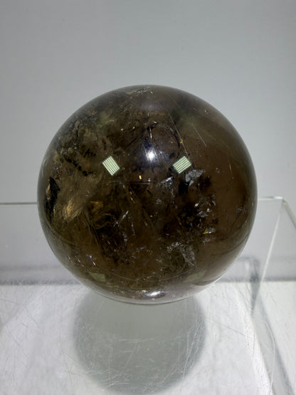 Rutile Quartz Sphere. 47mm. Unique Smoky Quartz With Stunning Golden Rutile Inclusions.