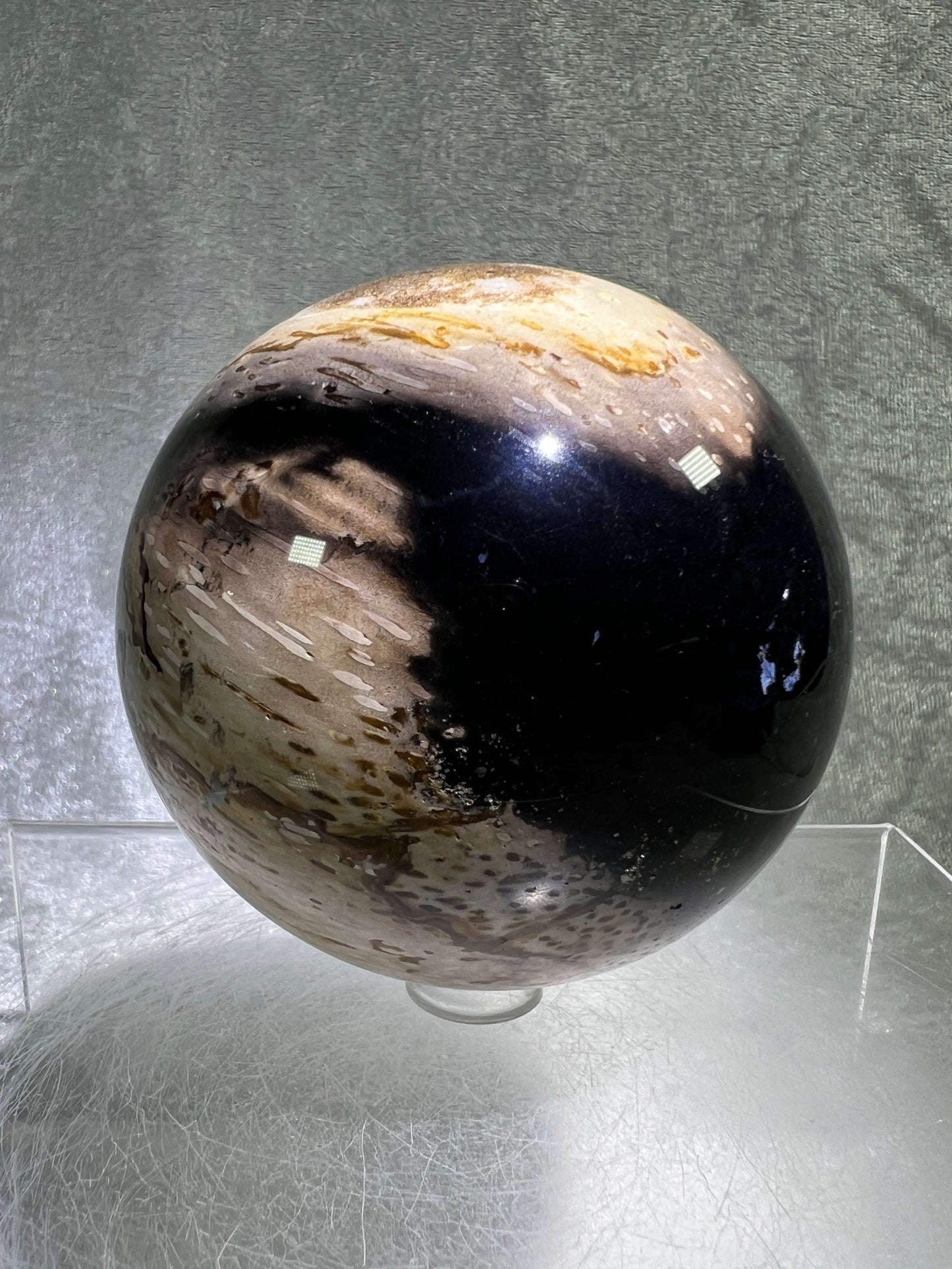 Palm Root Agate Sphere. 77mm. Gorgeous Fossilized Black Palm Root Agate. Very High Quality Crystal Sphere.