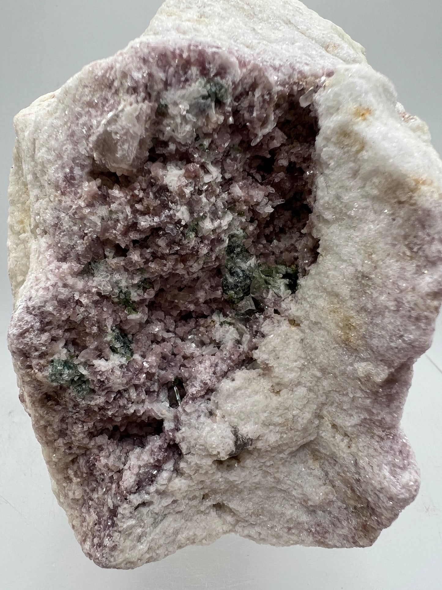 Lepidolite and Green Tourmaline Specimen. Gorgeous Mineral Cluster From Brazil. Lots Of Flash And Crystallization. Beautiful Color Contrasts.