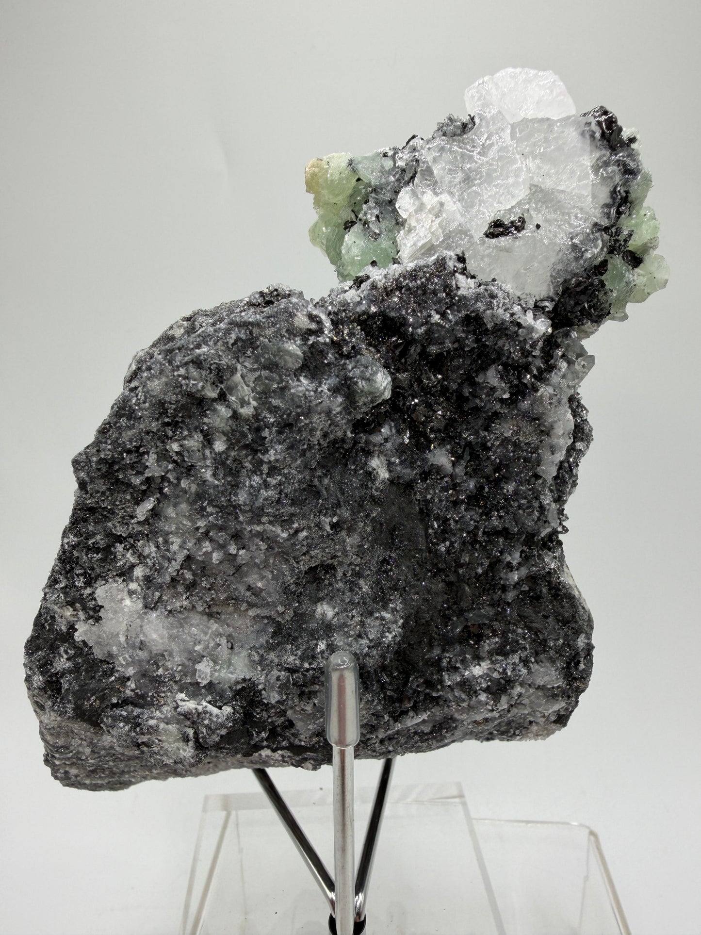 Rare Babingtonite, Prehnite, And Calcite Cluster. High Quality Mineral Specimen From Sichuan Province China. Amazing Rare Display Crystal.