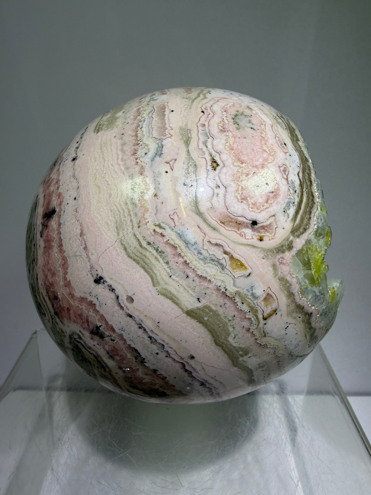 Rhodochrosite Crystal Sphere. 92mm. XL Rare Druzy Display Sphere. Amazing Druzy And Banding