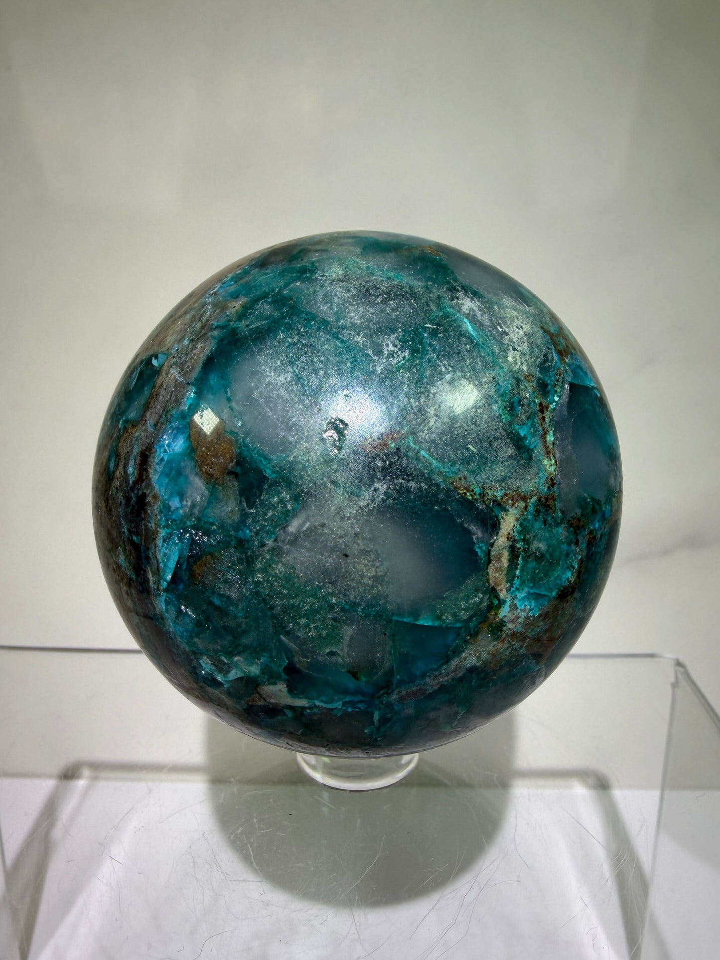 Chrysocolla And Quartz Sphere. 62mm. Gorgeous Shades Of Blue And Green. Amazing Rare Sphere From Laos.