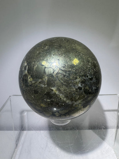 Pyrite And Agate Sphere. 57mm. Gorgeous Display Sphere. Amazing Flash And Colors.