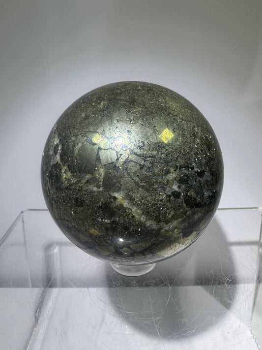 Pyrite And Agate Sphere. 57mm. Gorgeous Display Sphere. Amazing Flash And Colors.