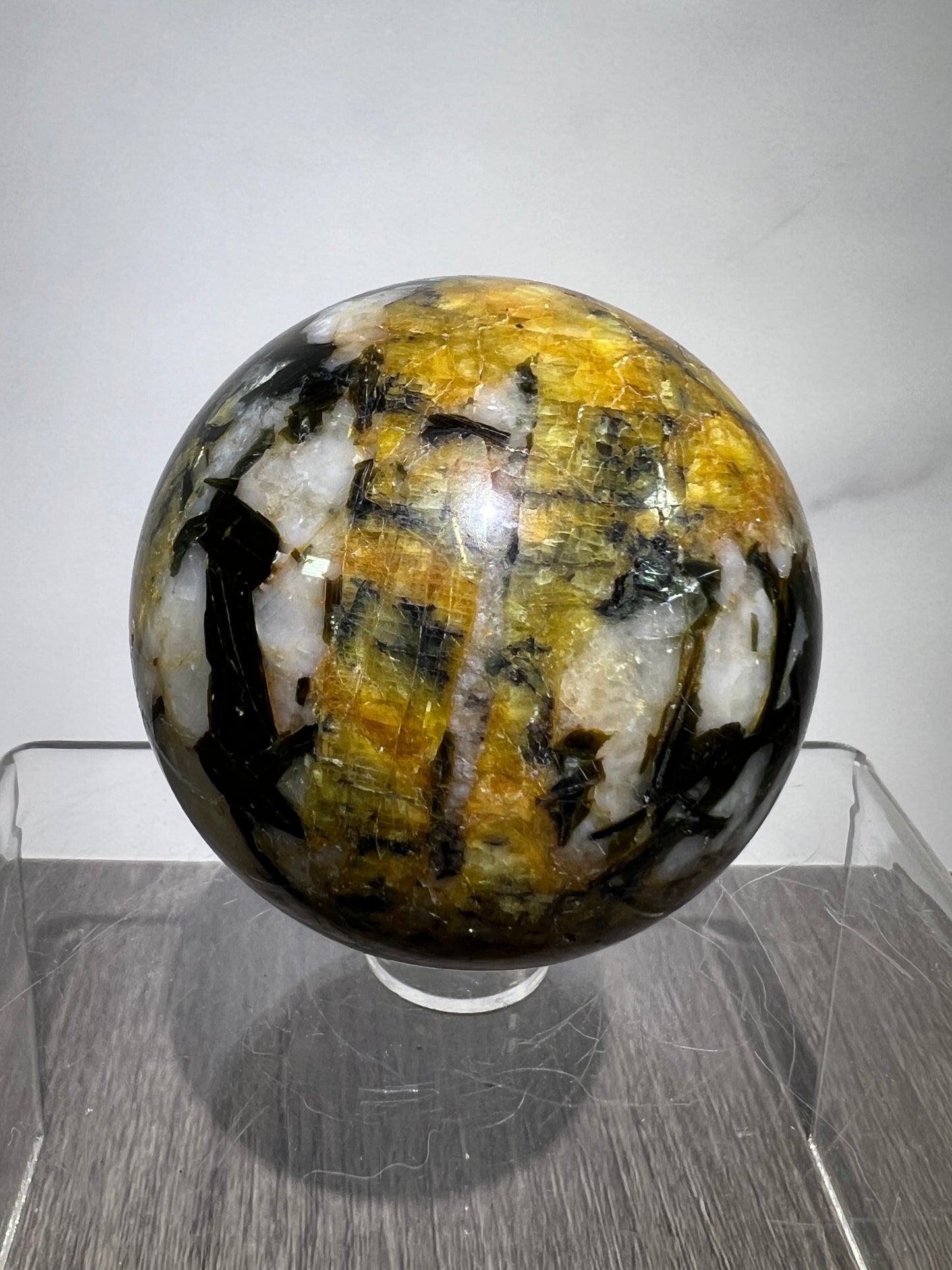 Yellow Tourmaline And Black Mica Sphere. 54mm. Rare New Discovery. Stunning And Flashy Display Sphere.