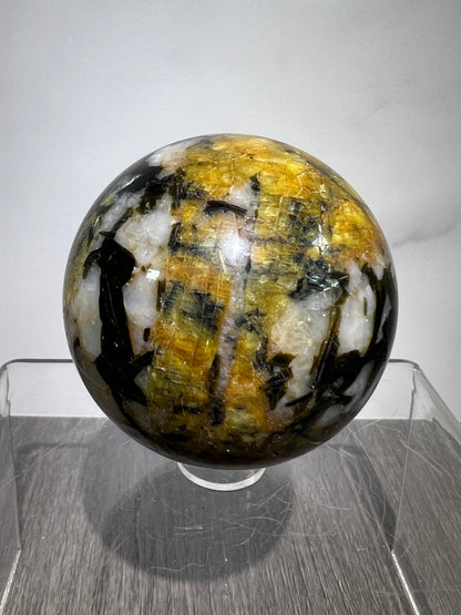 Yellow Tourmaline And Black Mica Sphere. 54mm. Rare New Discovery. Stunning And Flashy Display Sphere.