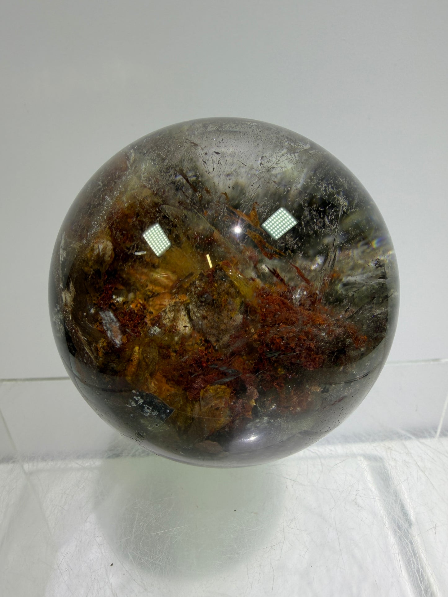 Garden Quartz Lodolite Sphere. 57mm. Orange And Red Colorful Landscape. High Quality With Rare Colors!