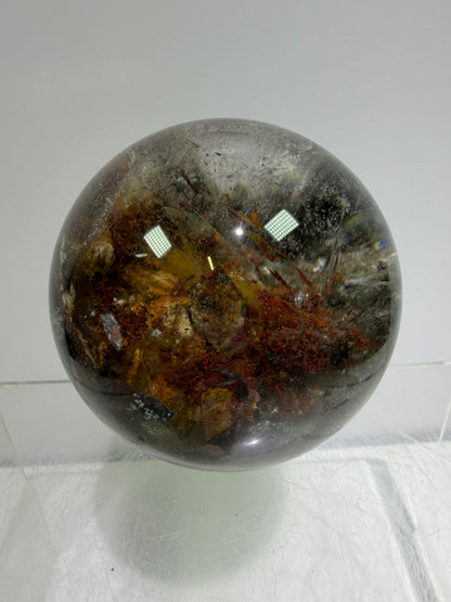 Garden Quartz Lodolite Sphere. 57mm. Orange And Red Colorful Landscape. High Quality With Rare Colors!