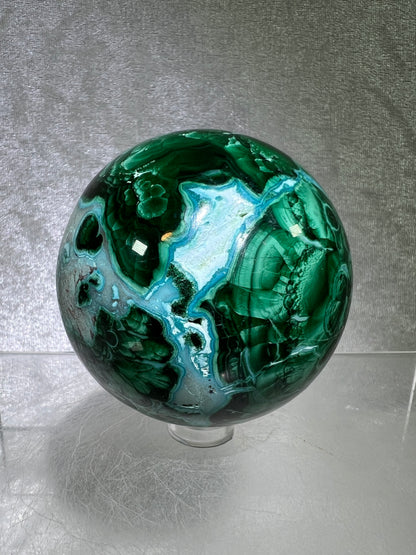 Malachite And Druzy Chrysocolla Sphere. 65mm. Gorgeous Rare Collectors Piece. Amazing Patterns With Vibrant Colors.