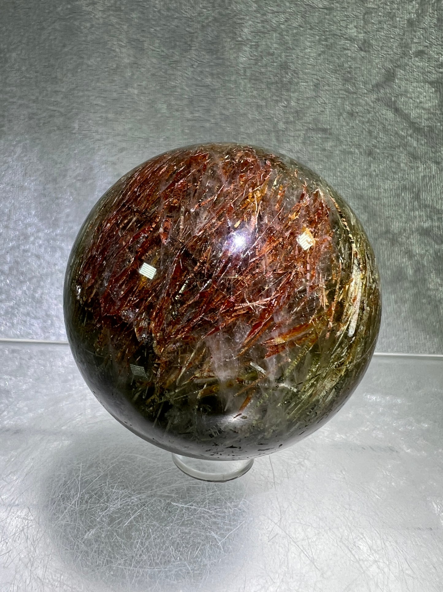 Tourmalinated Quartz Sphere. 56mm. Amazing Green And Red Tourmaline Inclusions. Stunning Rare Display Sphere.