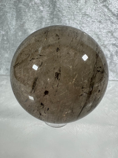 Rutile Quartz Sphere. Gorgeous Smoky Quartz With Stunning Golden Rutile Inclusions. High Quality Display Sphere.