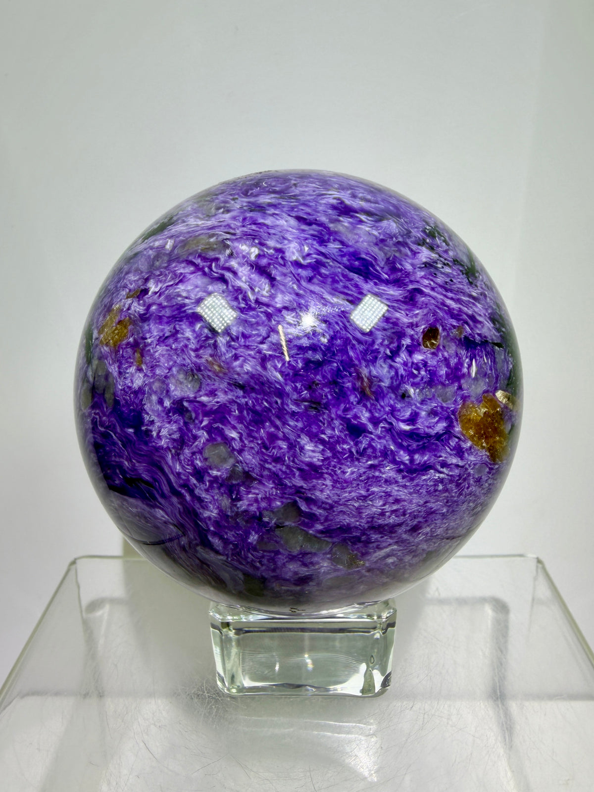 Charoite Crystal Sphere. 79mm. XL High Quality Stunning Crystal. Amazing Patterns And Flash. Gorgeous UV Reaction.