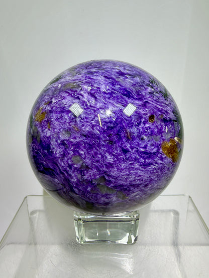 Charoite Crystal Sphere. 79mm. XL High Quality Stunning Crystal. Amazing Patterns And Flash. Gorgeous UV Reaction.