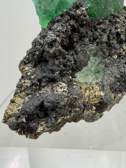 Green Fluorite And Pyrite Specimen From The Famous Milpo Mine In Peru. High Quality Rare Fluorite Specimen. Gorgeous Display Crystal