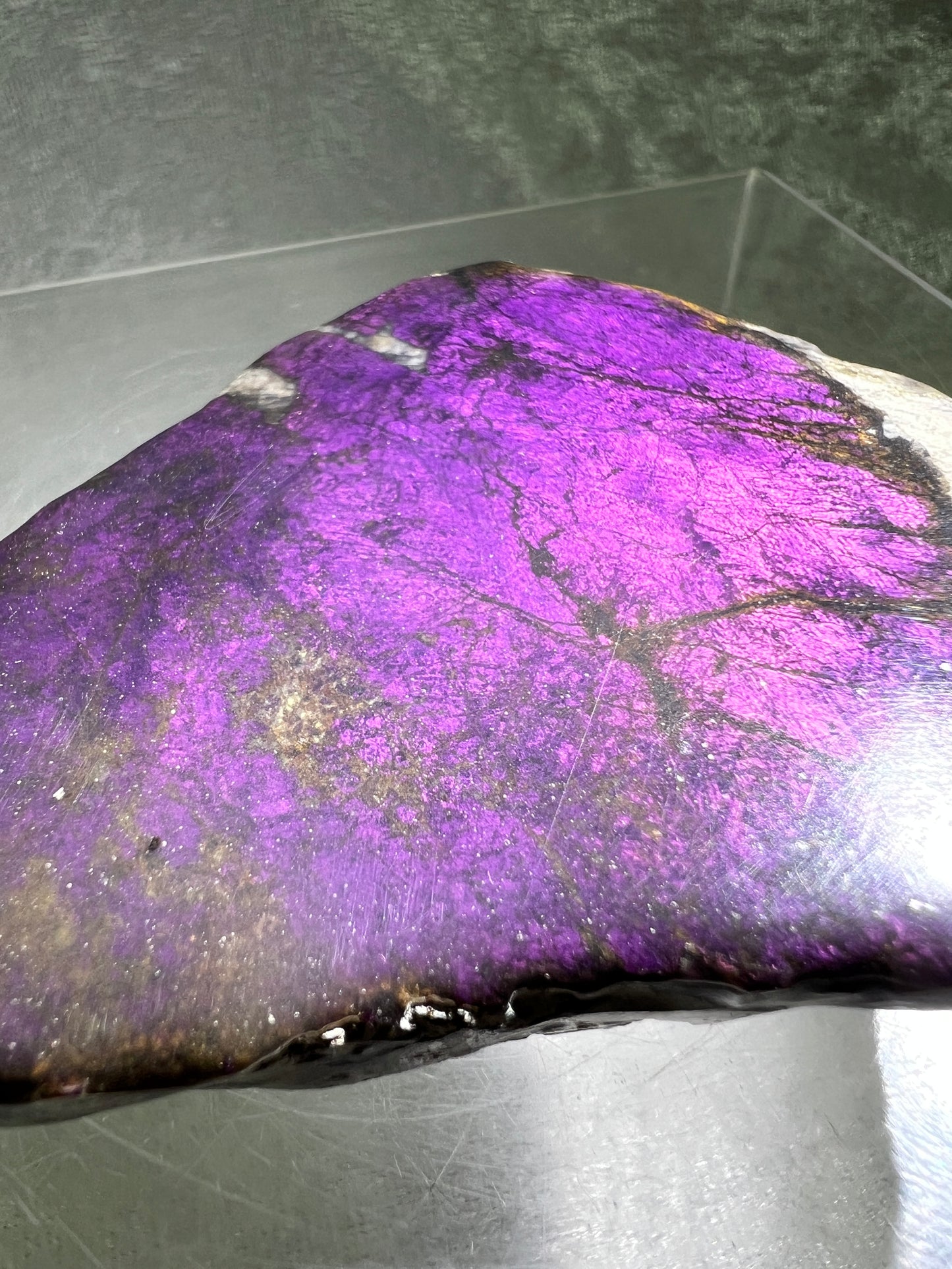 Purpurite Crystal Slab. Stunning Purpurite Freeform With A Resin Coating. Gorgeous Intense Purple Flash!