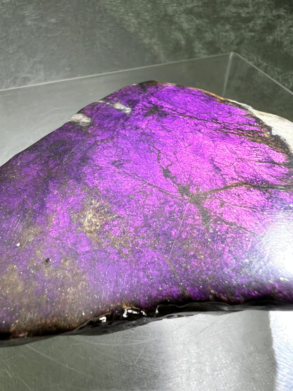 Purpurite Crystal Slab. Stunning Purpurite Freeform With A Resin Coating. Gorgeous Intense Purple Flash!