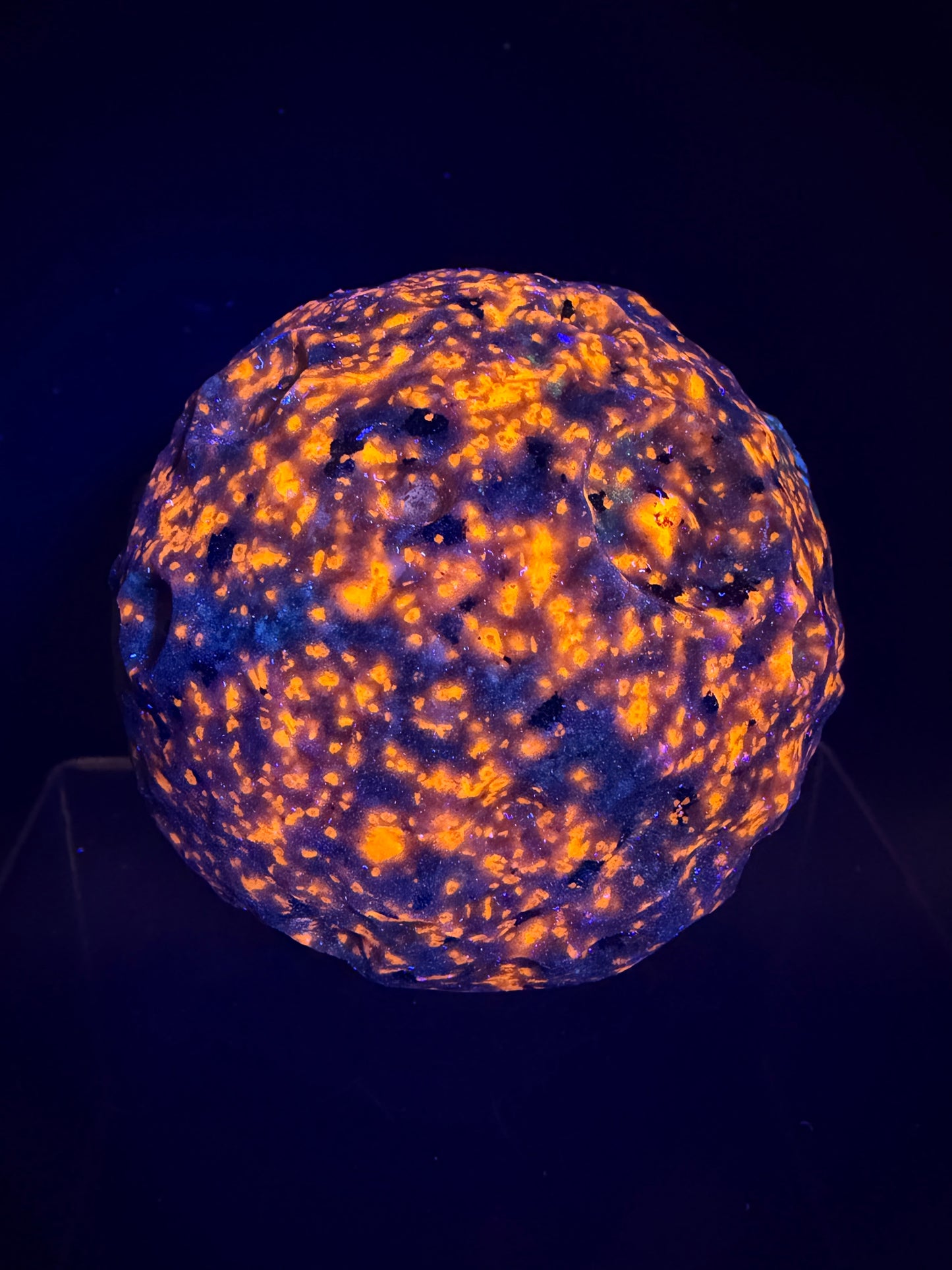 Yooperlite Moon Crystal Sphere. 72mm. Custom Carved Lunar Moonscape. Crazy Fireball Asteroid Display Sphere. Amazing UV Reactive Yooperlite