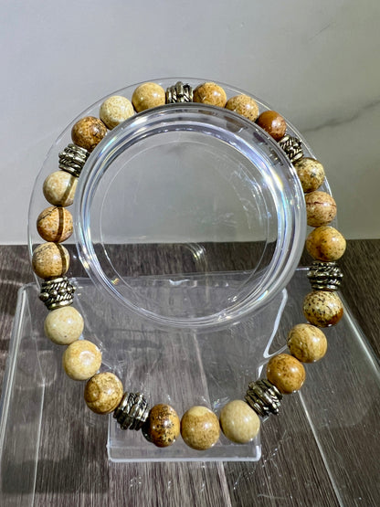 Petrified Wood Crystal Bead Bracelet. 8mm. Unique Crystal Bracelet With Cool Spacers.