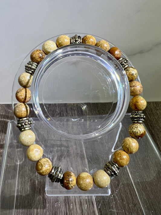 Petrified Wood Crystal Bead Bracelet. 8mm. Unique Crystal Bracelet With Cool Spacers.