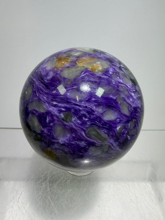 Charoite Crystal Sphere. 50mm. High Quality Beautiful Crystal. Amazing Patterns And Flash. Stunning Rare Crystal