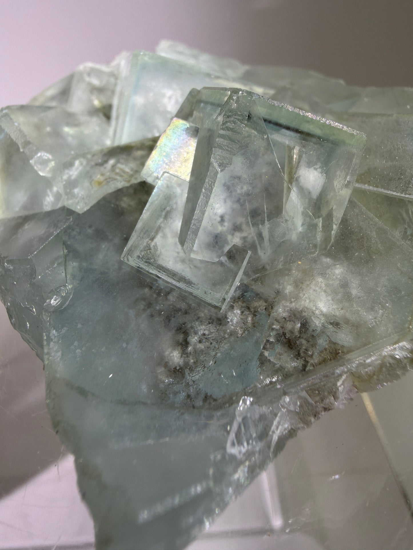 Fluorite Cubes Specimen With Iridescent Rainbows And Garden Inclusions. Gorgeous Rare Xianghualing Green Fluorite. Very Special Display Crystal