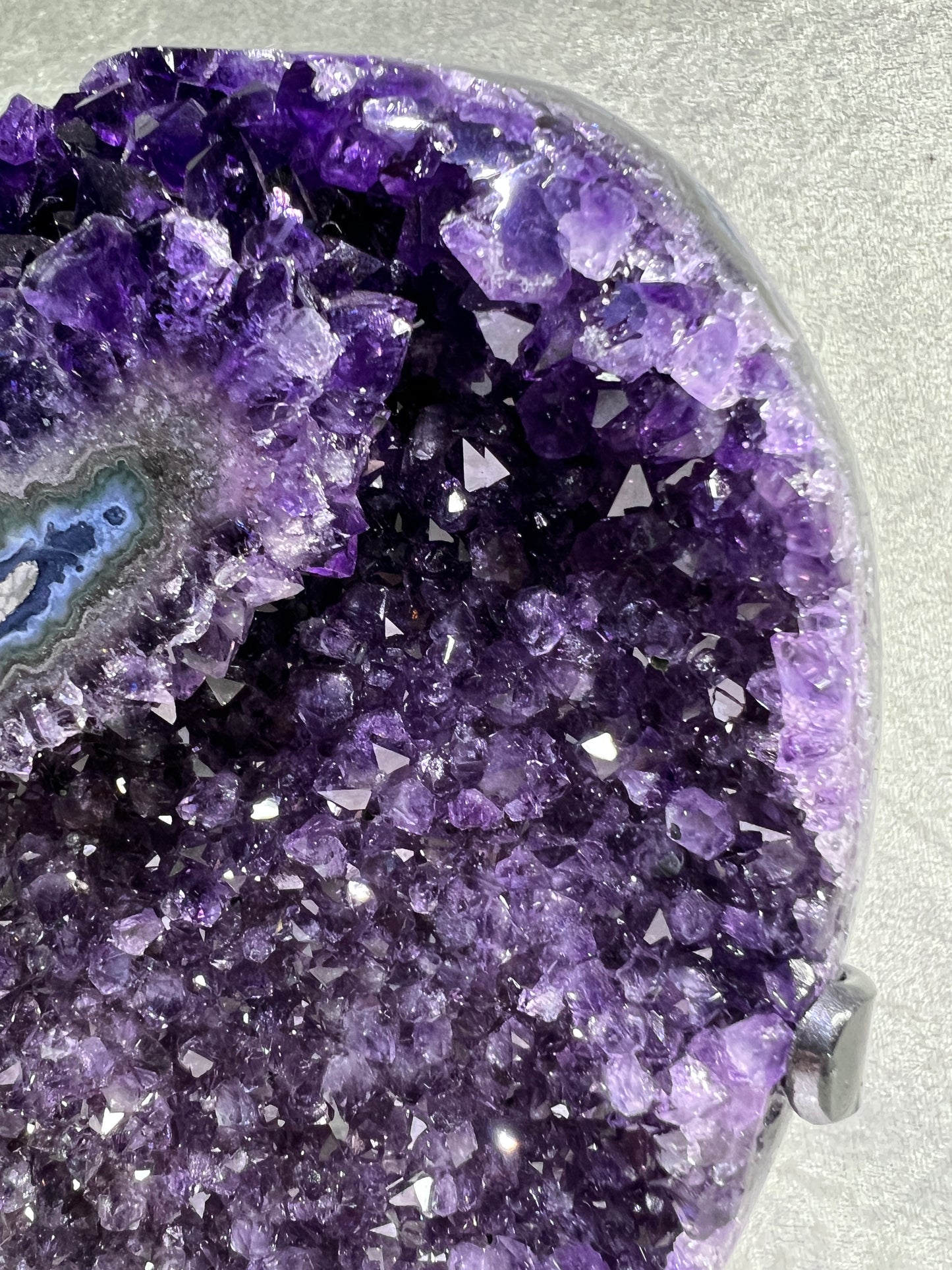 Amethyst Geode Specimen. World Class Uruguayan Specimen. Stunning Top Quality Statement Piece! Custom Made Steel Stand