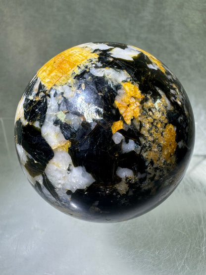 Yellow Tourmaline And Black Mica Sphere. 62mm. Rare New Discovery. Stunning And Flashy Display Sphere.