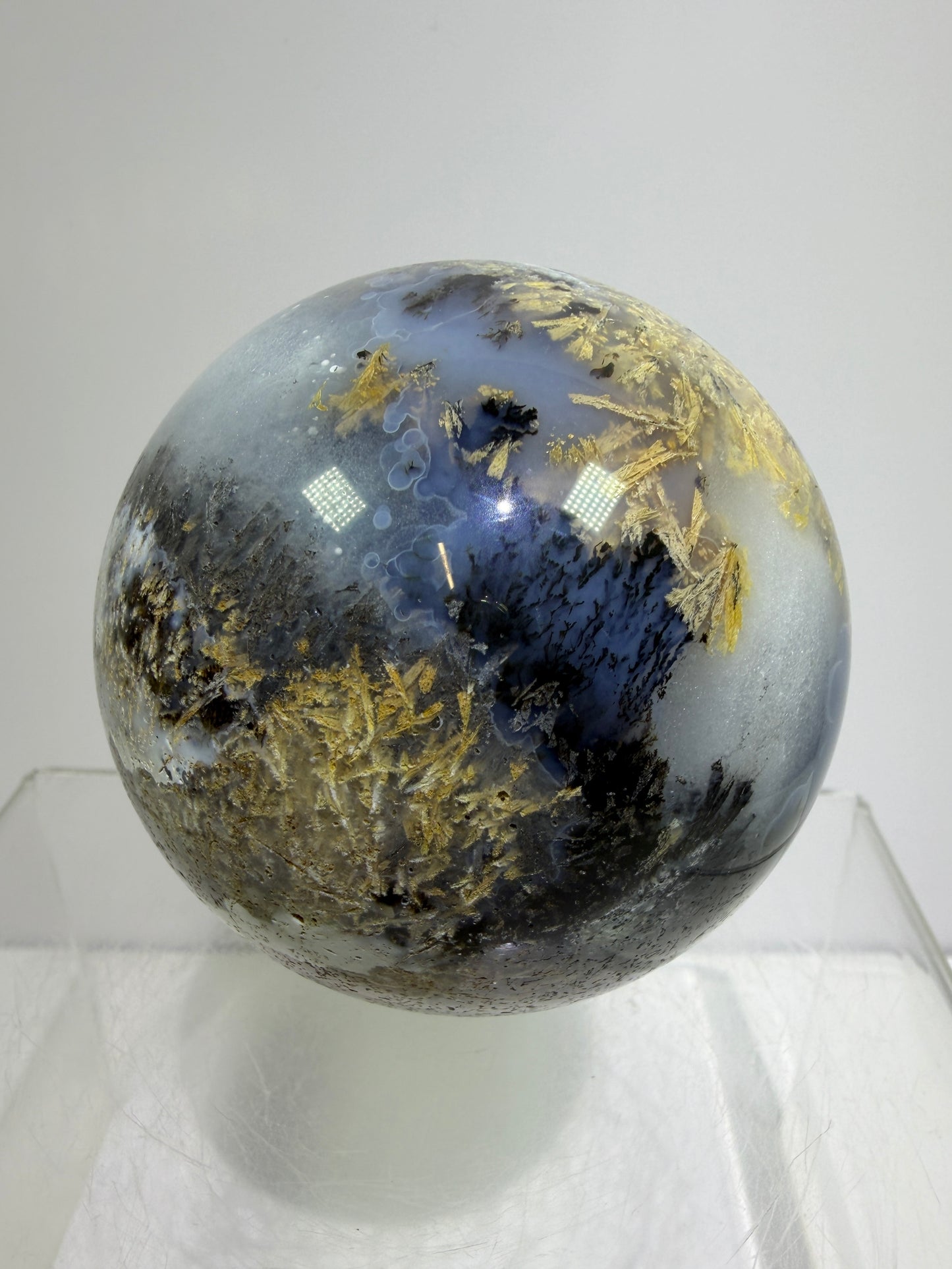 Sagenite Crystal Sphere. 66mm. Incredible Sagenite Plumes With Dendritic Agate. Rare And Unique Crystal Display Sphere