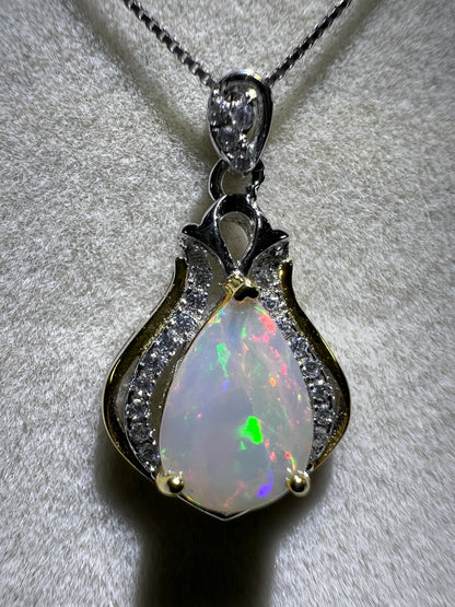 Opal Teardrop Pendant. S925 Silver Setting And Necklace. Incredible Play Of Color. Gorgeous High Quality Crystal Jewelry.
