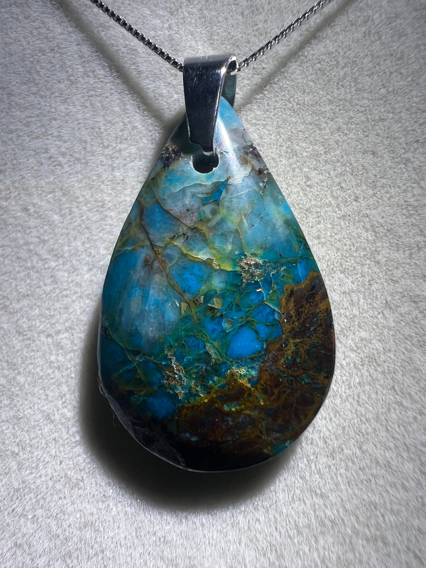 Chrysocolla Teardrop Pendant. Rare Water And Wine Chrysocolla From Peru. Stunning Color Combination. Includes S925 Silver Necklace.
