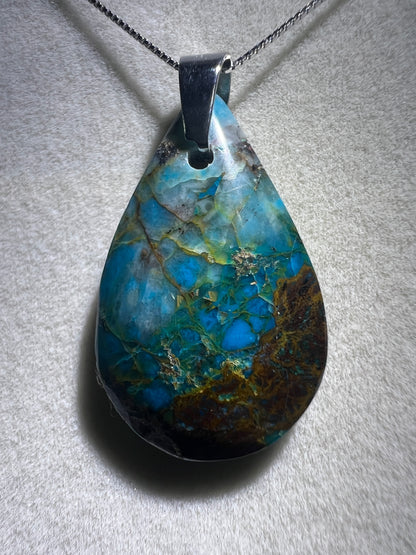 Chrysocolla Teardrop Pendant. Rare Water And Wine Chrysocolla From Peru. Stunning Color Combination. Includes S925 Silver Necklace.