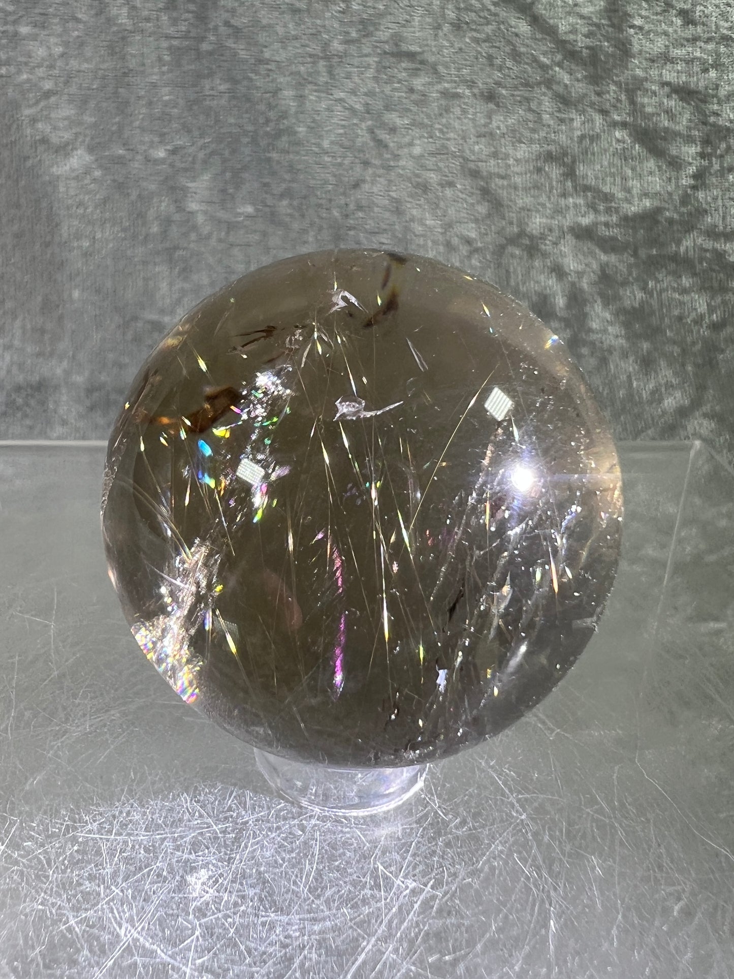 Rutile Quartz Sphere. Amazing Rainbows! Light Smoky Quartz With Stunning Golden Rutile Inclusions.