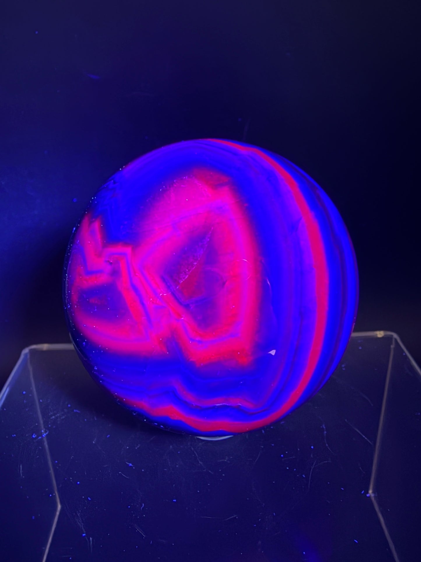 Black Rose Fluorite Sphere. 63mm. Incredible UV Reactive Crystal With Rainbows. Bright Red And Purple Reaction. Rare Display Sphere.