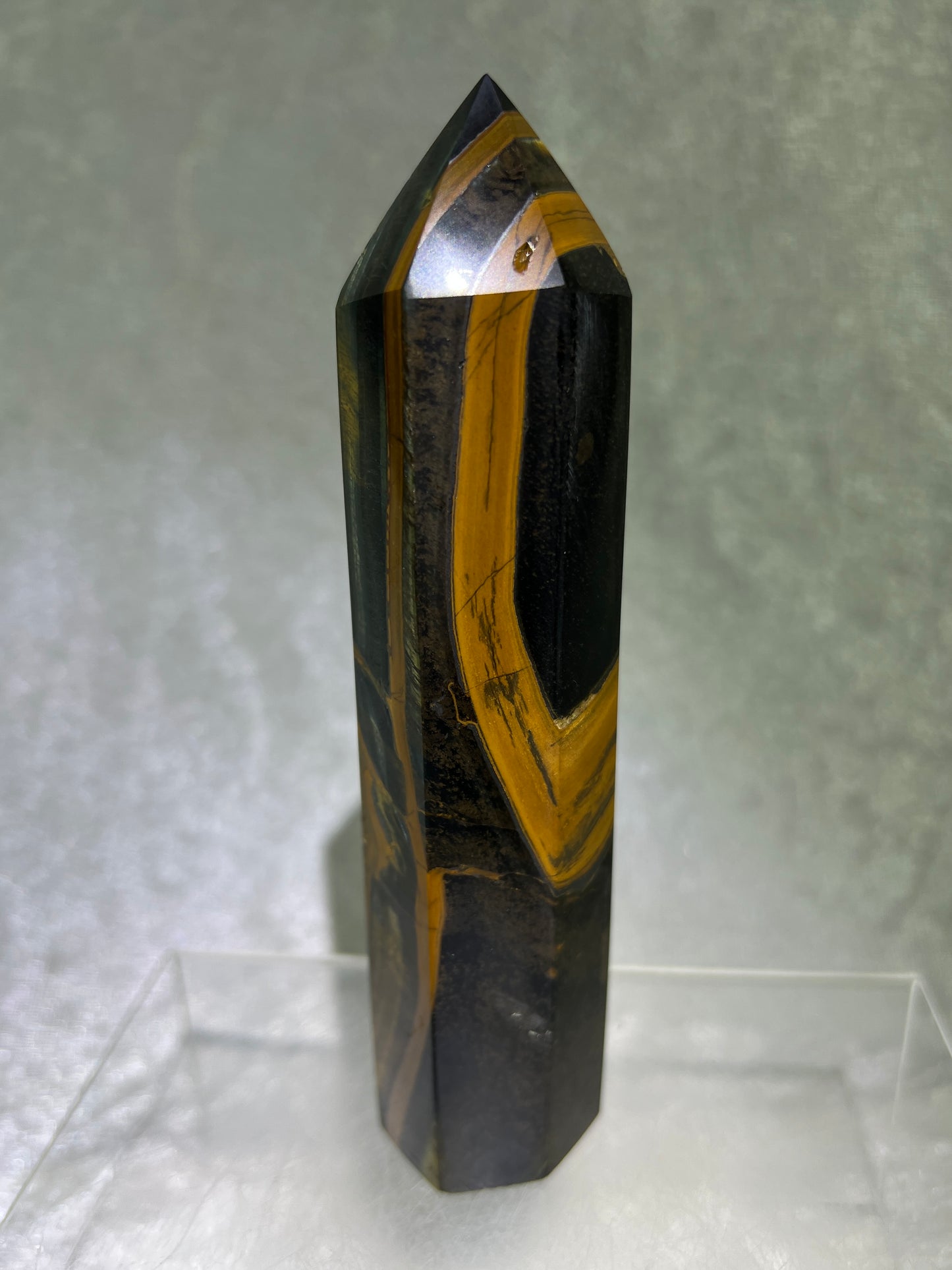 Blue Tigers Eye Tower. 5.85 Inches. Amazing Large Hawks Eye Crystal. Gorgeous Display Tower