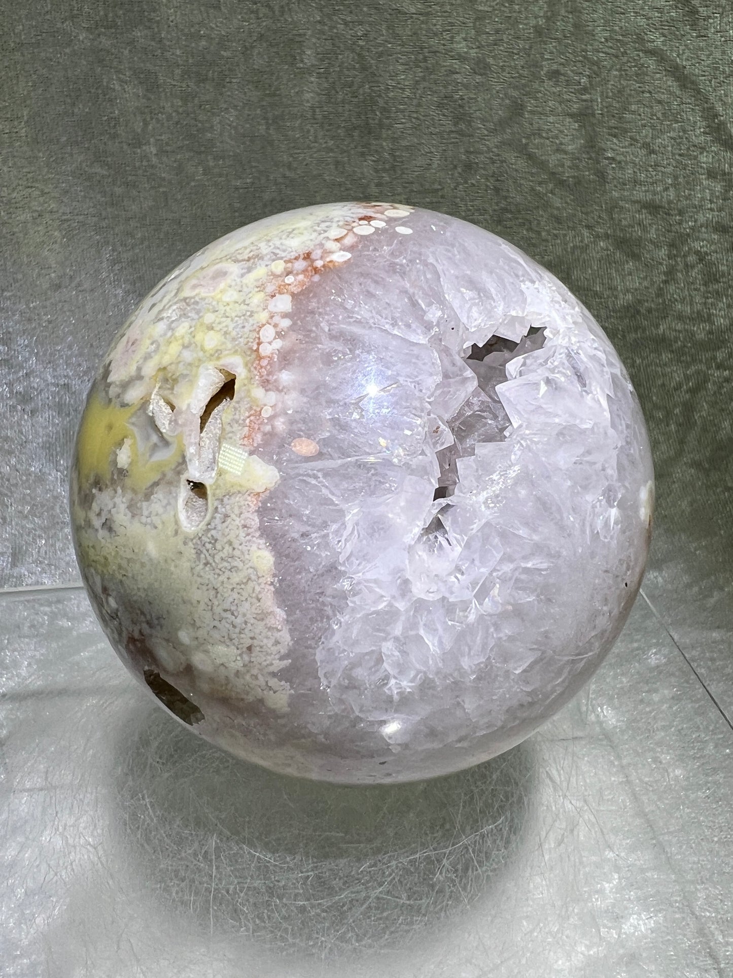 Flower Agate Sphere. 82mm. Stunning Druzy On This Large Centerpiece. Gorgeous One Of A Kind Display Sphere.