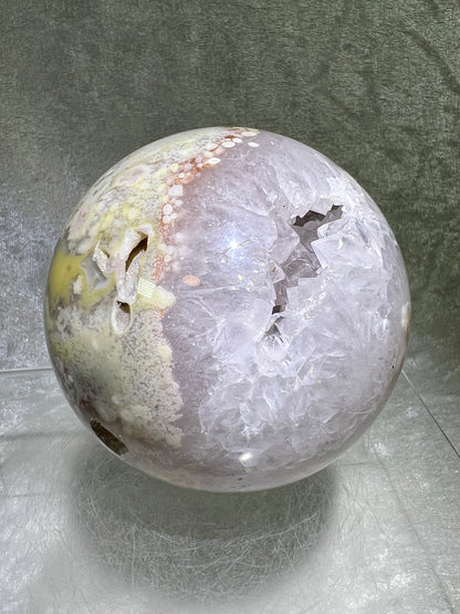 Flower Agate Sphere. 82mm. Stunning Druzy On This Large Centerpiece. Gorgeous One Of A Kind Display Sphere.