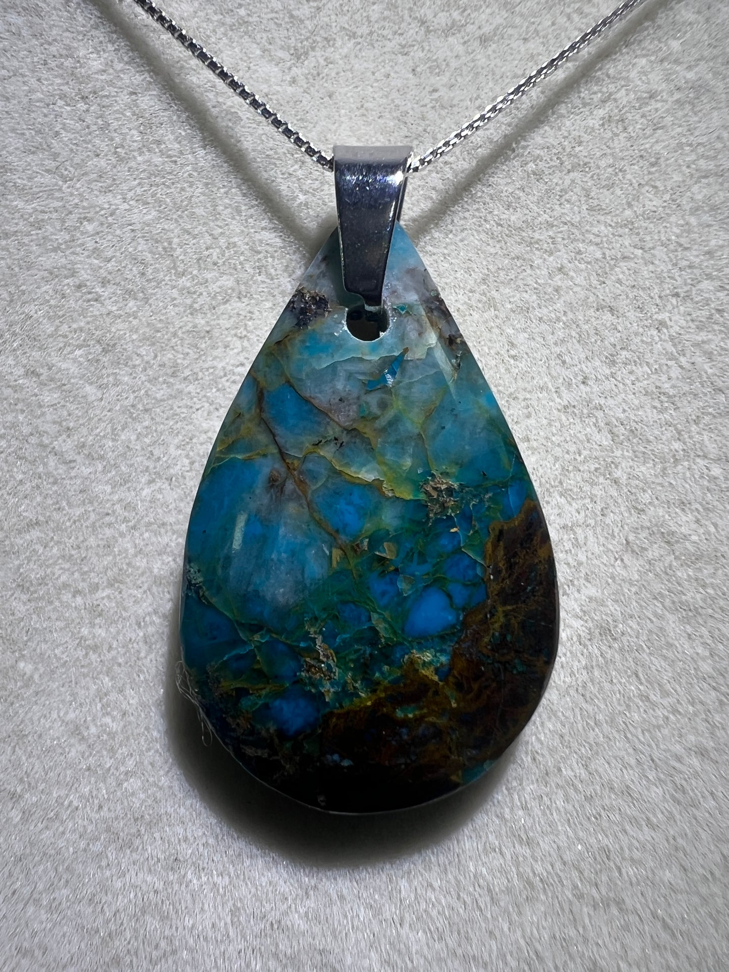 Chrysocolla Teardrop Pendant. Rare Water And Wine Chrysocolla From Peru. Stunning Color Combination. Includes S925 Silver Necklace.