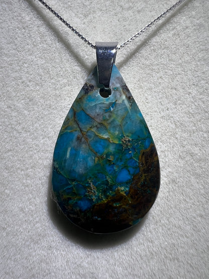 Chrysocolla Teardrop Pendant. Rare Water And Wine Chrysocolla From Peru. Stunning Color Combination. Includes S925 Silver Necklace.