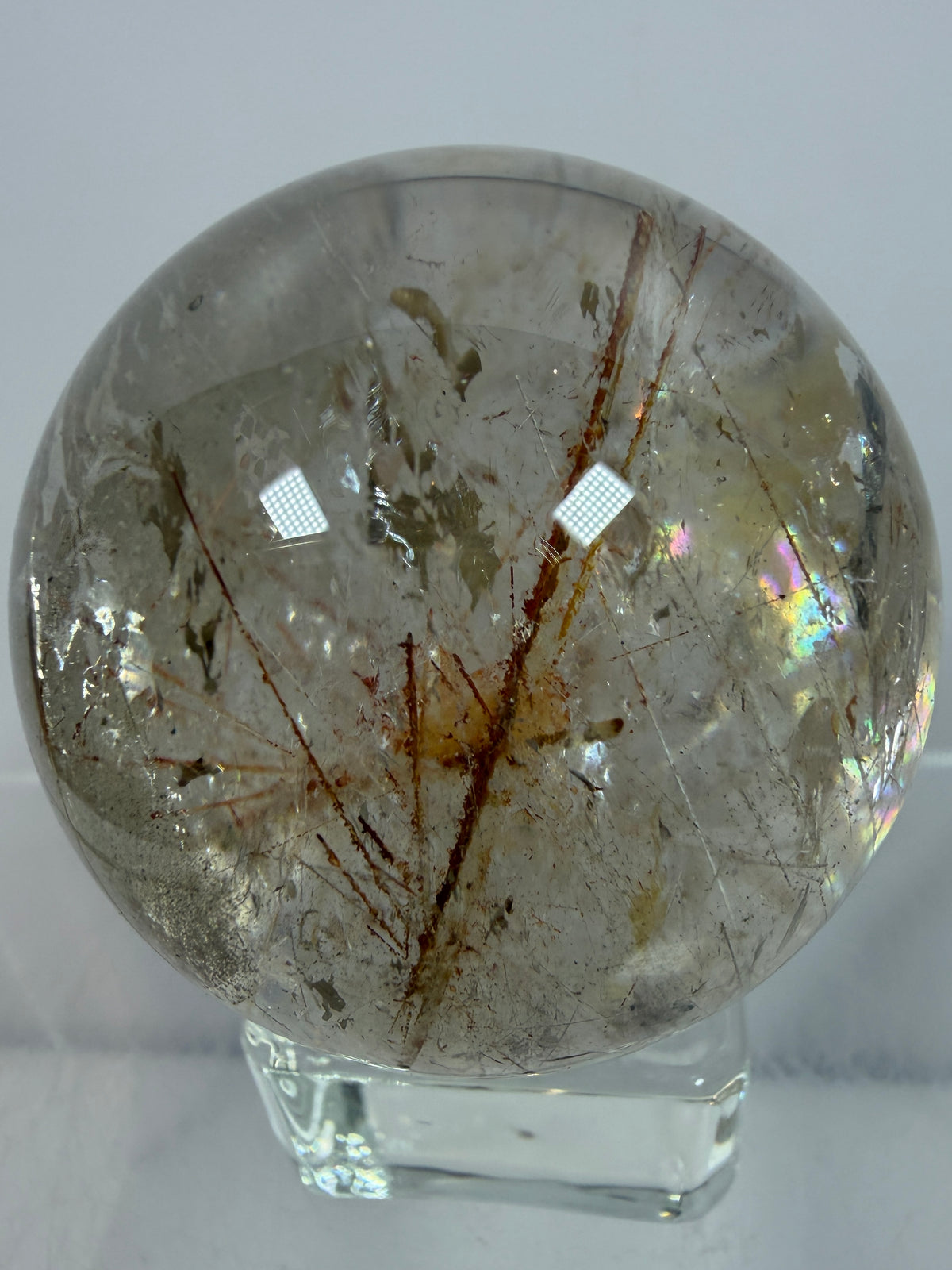 Rutile And Tourmaline Quartz Sphere. 43mm. Incredible Rainbows, With Phantoms And Spots Of Lodolite. Very Rare Display Sphere