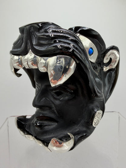 Carved Jaguar Warrior Head. Gorgeous Hand Carved Obsidian Aztec Art. One Of A Kind Obsidian, Silver, And Opal Collectors Item.