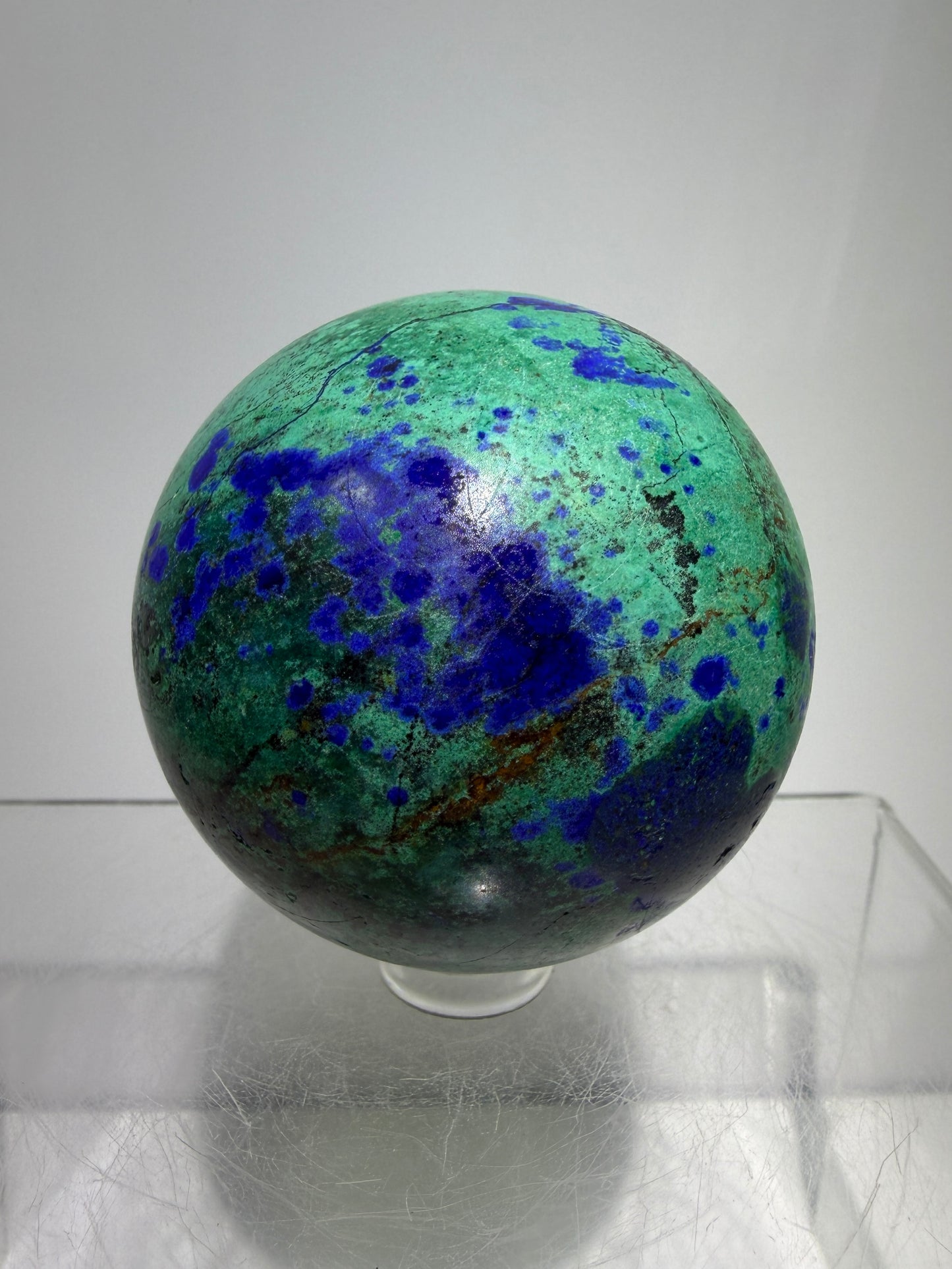 Azurite and Malachite Crystal Sphere. 56mm. Beautiful Deep Colors And Patterns. Stunning Rare Display Piece!