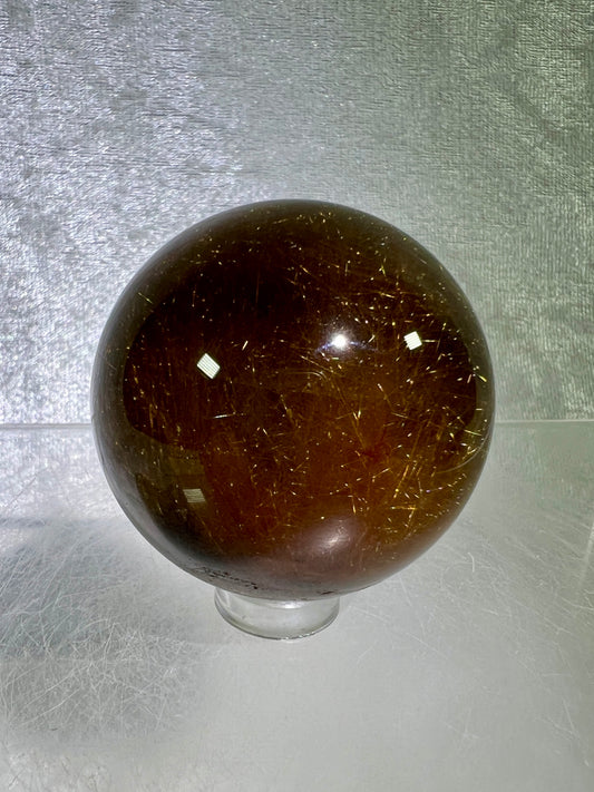 Rutile Quartz Sphere. Gorgeous Dark Smoky Quartz With Garden And Golden Rutile Inclusions. Amazing Rare Sphere!