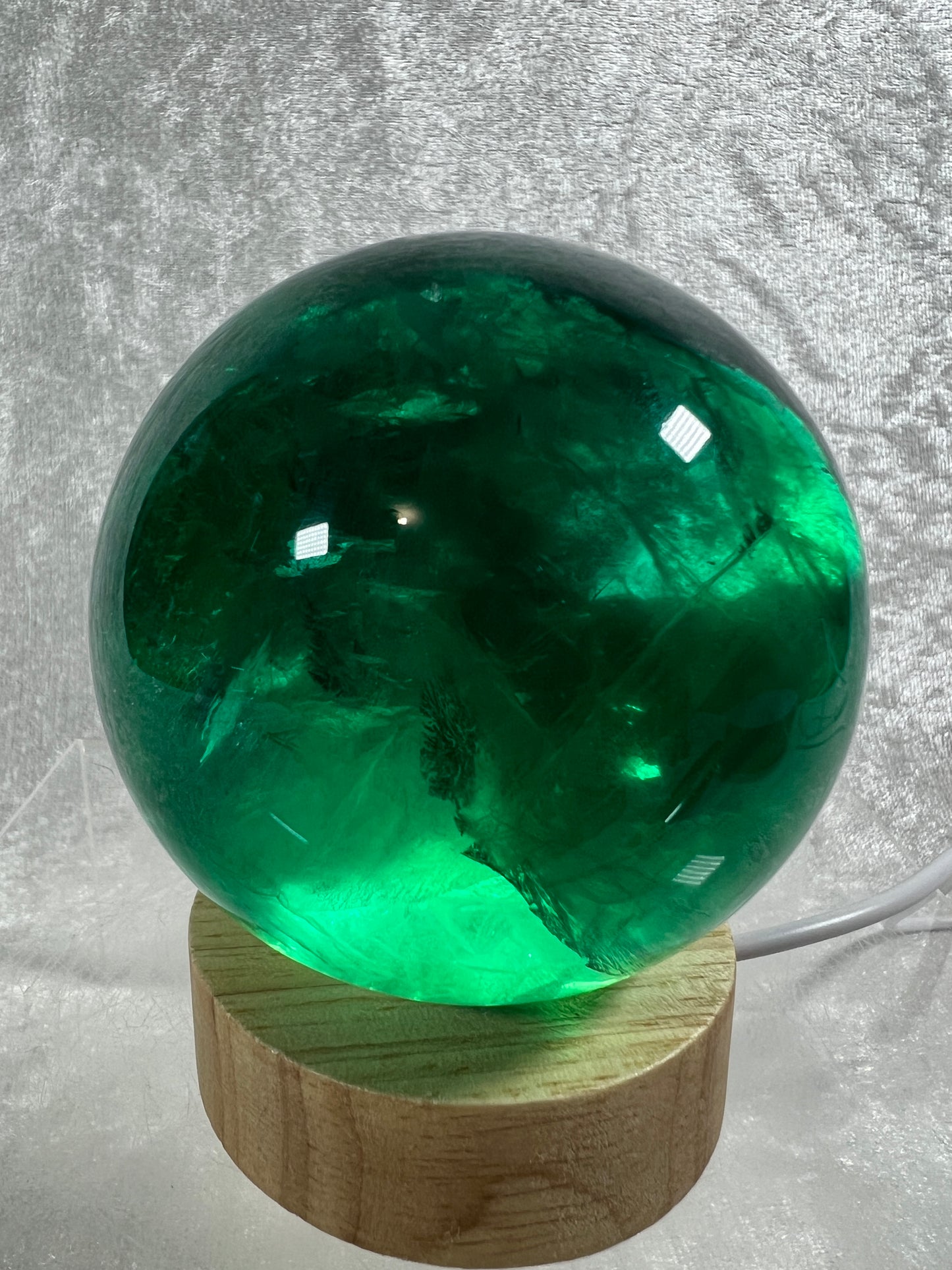 Green Fluorite Sphere. 76mm. Rare Emerald Green Fluorite. Comes With A White Light Stand. Gorgeous High Quality Crystal