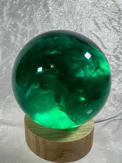 Green Fluorite Sphere. 76mm. Rare Emerald Green Fluorite. Comes With A White Light Stand. Gorgeous High Quality Crystal